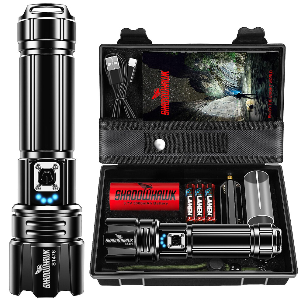 Shadowhawk Rechargeable Torch, 500000 Lumen Torches Led Super Bright, 5000Ft Beam & 12H Long Lasting, Adjustable Focus, Ip67 Waterproof, Powerful Han 5002978183889