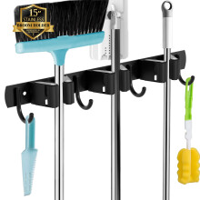 AceMining 3 Holders+4 Hooks Black Broom Holder Wall Mounted with Nails Installation, Heavy Duty Stainless Steel Mop Holder, Brush Mop and Broom Stora