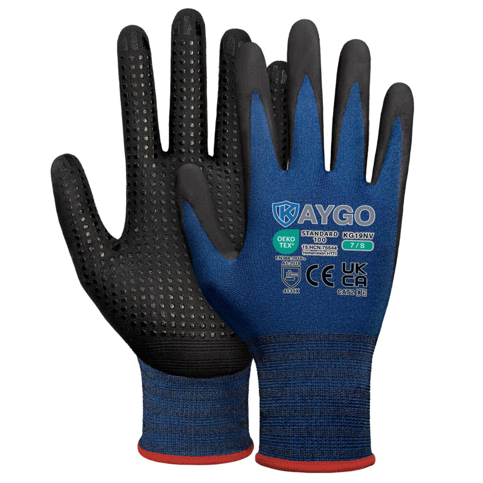 Kaygo Light Work Gloves With Grip Dots On Palm For Anti-Slip, Kg19n, Microfoam Nitrile Coated Oil Compatible, Seamless Knit Nylon Gripper Work Gloves