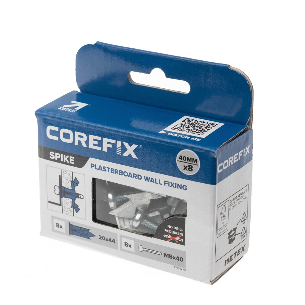 Corefix Spike Heavy Duty Plasterboard Fixings 8 Pack, Diy Kit With M5x40mm Screws. Easy To Install With No Drill Required. Drywall Anchor, Wall Plug 5005593810765
