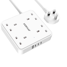 POWSAF 4 Way Extension Lead with 4 USB Slots (3.4A, 1 Type C and 3 USB-A Ports),Power Strip Extension Cord with 4 Plug Extension Socket and 2M Extens