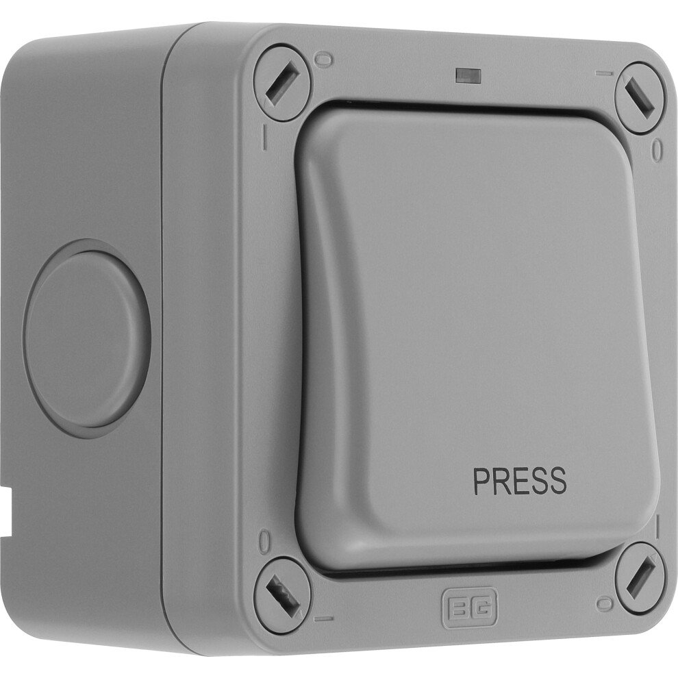 Bg Electrical Outdoor Retractive Single Wall Press Switch With Led Indicator, Weatherproof Storm, 2 Way, Grey, 20A, Ip66 Rated, Wp14 5051226631108