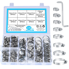 100 Pcs Hose Clips Adjustable 8-44mm Range, Stainless Steel Hose Clamps Assorted Kit