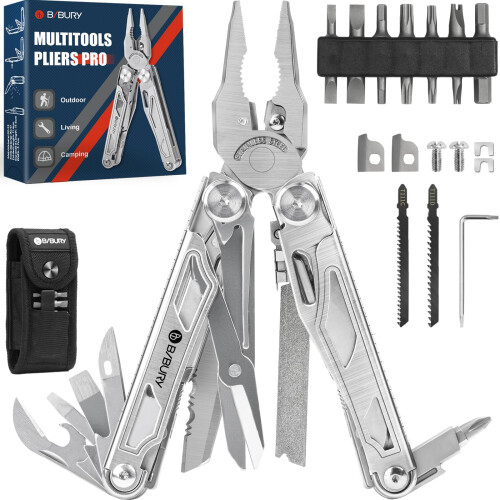 BIBURY Multitools, Multi Tool Foldable Pliers with Upgraded Scissors and Screwdriver Set, Stainless Steel Multitools with Nylon Pouch