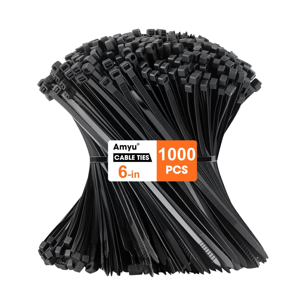 Amyu 6-Inch Black Cable Ties (1000 Pack) - 40Lbs Self-Locking Nylon Zip Ties 150Mm 5051226928017