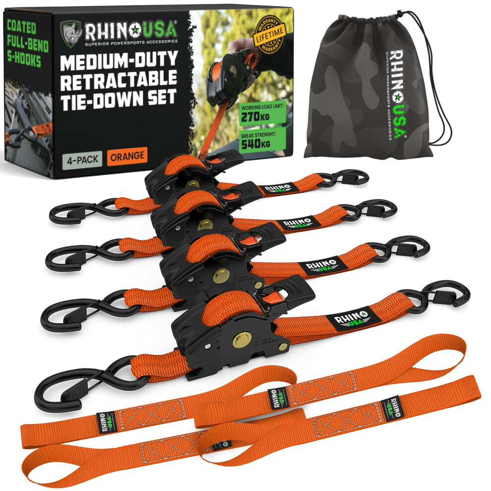 Rhino Usa Retractable Ratchet Straps (4-Pack) - 2.5Cm X 3M (540Kg Break Strength) - Medium Duty Auto Self-Retracting Tie Down Straps For Truck 5051227929334