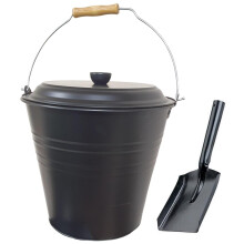 Easy Shopping 12L 12 Liter Metal Ash Bucket Black with Free Shovel Fireside Storage Coal Ash Bin Fire Log Container with Wood Handle and Black Lid