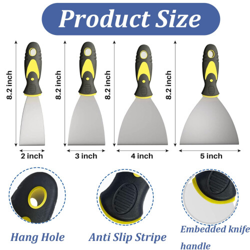 4 Pack Paint Wallpaper Scraper Set, 2'', 3'', 4'', 5'' Stainless Steel Paint Scraper Set with Soft Handle, Plastering Tools for Drywall 1