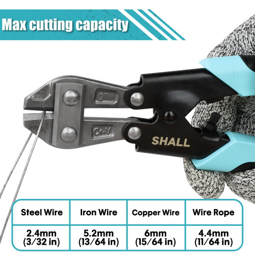 SHALL Mini Bolt Cutter, 210mm/8-inch Heavy Duty Wire Cutter, Two-Color Ergonomic Handle, Security Lock, More Efficient Leverage & Adjustable Opening, 2