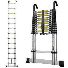 Telescopic Ladder 3.8M/12.5FT Aluminium Extension Loft Ladder with Stabilizer Bar and Detachable Hooks, Multi Purpose Extendable Portable Folding Lad
