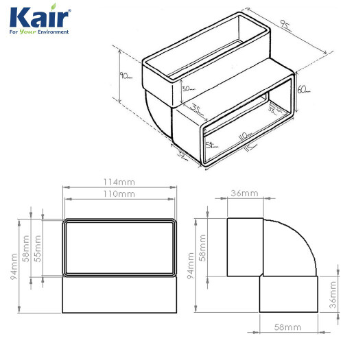 Kair 90 Degree Vertical Elbow Bend 110mm x 54mm - 4 x 2 inch Rectangular Plastic 1