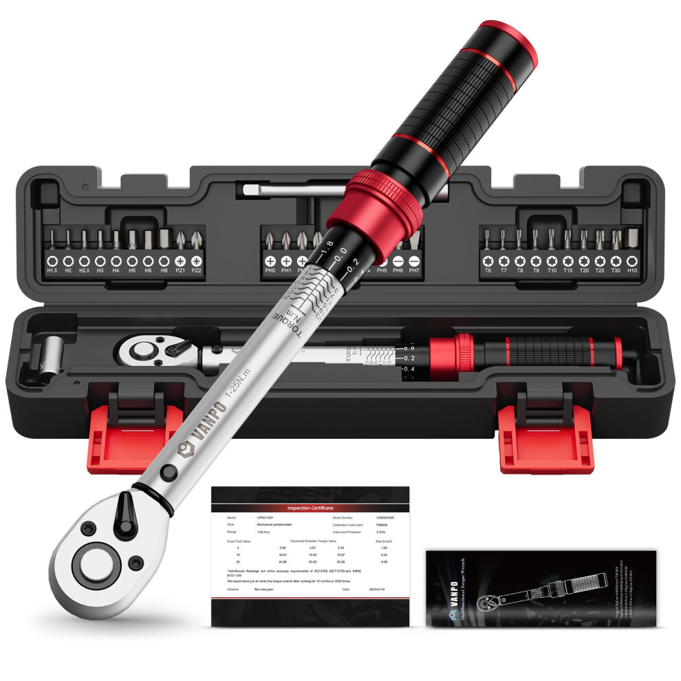 Vanpo 32-Piece Bike Torque Wrench Set, 1-25 Nm, 3% Accuracy, 1/4" Click Torque Wrench Kit With Extension Bar & Socket Bits (Hex, Torx, Phillips, Slo 5001426367895