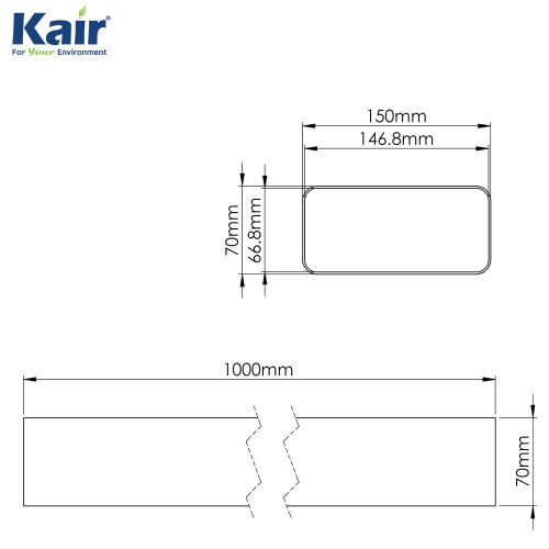 Kair Rectangular Flat Ducting 150mm x 70mm - 1 Metre Length Flat Channel Pipe 1