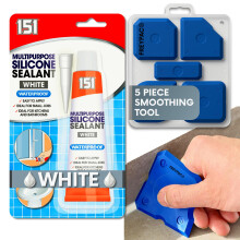 151 White Waterproof Silicone Sealant with 5 Piece Sealant Smoothing Tool Finishing Kit, Perfect for the Bath, Shower, Tiles, Aquariam Repairs, 70g