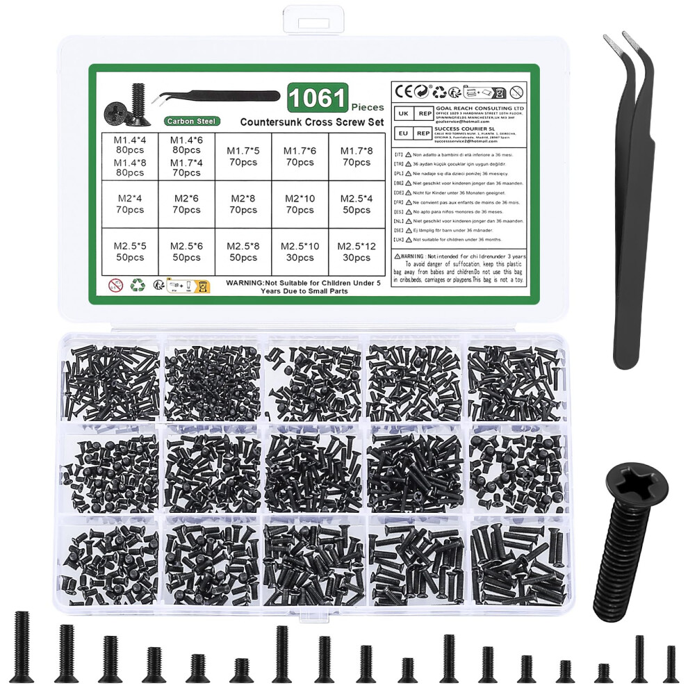 1061 Pcs Small Screws Set, Micro Countersunk Screws For Glasses Screw, Tiny Mini Machine Screw Assortment, Small Flat Head Screws, Phillips Electroni 32383942