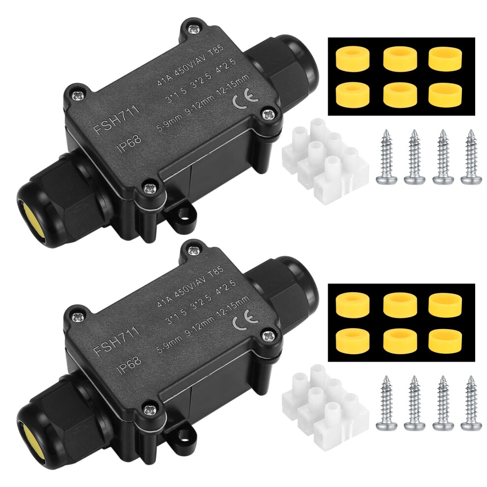 2 Pcs Ip68 Junction Box Waterproof Outdoor 2 Cable Pg9 Black Plastic Connector Gland Electrical 5051226892851