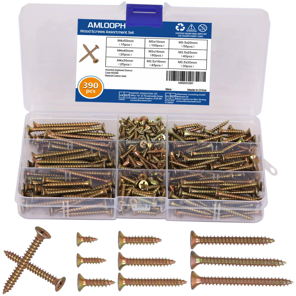 Amlooph Wood Screws Assortment, 390Pcs Mixed Small Flat Head Self Tapping Screws For Wood, 10Mm - 50Mm Long Assorted Countersunk Galvanised Decking S 5489321854243