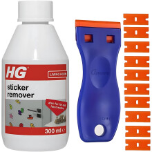 Sticky Stuff Remover with Amara Plastic Scraper & 10 Blades - HG Sticker Remover 300ml & Plastic Scraper - Sticker Remover, Sticky Label Remover, Adh