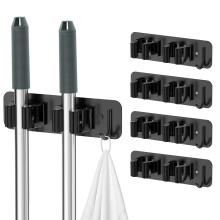 Cosicosy Mop Broom Holder, SUS304 Stainless Steel Mop Holder Wall Mounted 4 Racks with Hook Broom Hanger 4 Pcs Broom Holder Self-Adhesive/Perforated