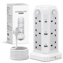 Wolf Power Tower Extension Lead with USB Slots, 18-IN-1 Surge Protected Lead with 2M Extension Cable, 12 UK Plug Sockets, 2 USB-C & 4 USB-A Ports