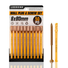 LEDSone Wall Plug Screws Set, 1 Pack 50 pcs, Zinc Galvanized 6 X 80 Different Sizes, Masonry Brick Concrete Fixings Plugs Assortment Kit for Internal