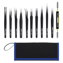 MMOBIEL 10x Industrial Precision ESD Tweezers Anti-Static Stainless Steel for Electronics Tools, Jewelry, Computer, Laboratory Work, Crafts and Hobbi