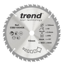 Trend Wood Circular Saw Blade, 190mm Diameter, 16mm Bore, 40 Teeth, 2.6mm Kerf, +15 Hook, TCT, Fine Finish, CSB/19040A