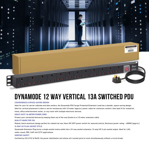 Dynamode Extension Lead - 12 Way Switched Power Distribution Unit (PDU) for Data Cabinet, Server Rack, Office - 1.8m Vertical Extension Cable with UK 1