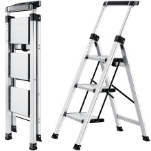 XinSunho Step Ladder 3 Step, Aluminum Folding Step Stool with Retractable Handgrip & Removable Tool Tray, Lightweight Stepladders for High Closet
