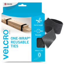 VELCRO Brand | One-Wrap Reusable Ties | Multi-Purpose Ties Perfect Desk Accessories for Cable Management & Home Improvement | Black | 30mm x 15m