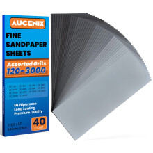 Aucenix 40PCS Sandpaper, 120 to 3000 Mixed Grits Assorted Sanding Paper Pack for Wood, Fine & Coarse Wet & Dry Waterproof Abrasive Paper Sheets for W