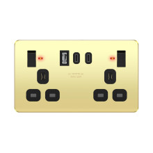 LIDER 2-Gang Switched Socket with USB TYPE C&A Ports, LED Power Indicator, Always-On USB Ports, 25W Combined Output, Stainless Steel, UKCA Certified,