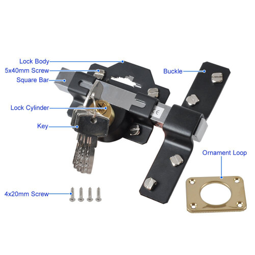 Concise Home 50mm Double Long Throw Gate Lock 5 Keys Garden Locking Both Sides 1