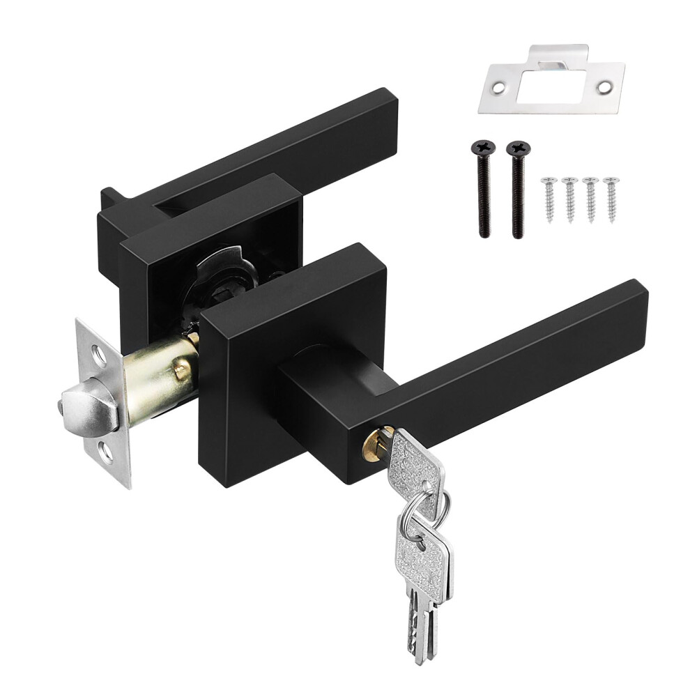 Hseamall Door Lever Handle Lock,Black Interior Door Handle With Lock And Key Square Entry Door Handle For Bedroom Office Left Or Right Handing 5051226982743