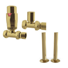 UK Radiators Thermostatic Radiator Valve + 130mm Pipe Sleeves - Energy Saving 1/2" x 15mm Brass Straight Valve - Polished Brass Colour