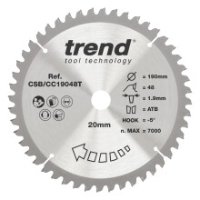 Trend Wood Cordless Mitre Saw Blade, 190mm Diameter, 20mm Bore, 48 Teeth, 1.9mm Kerf, -5 Hook, TCT, Fine Finish, CSB/CC19048T