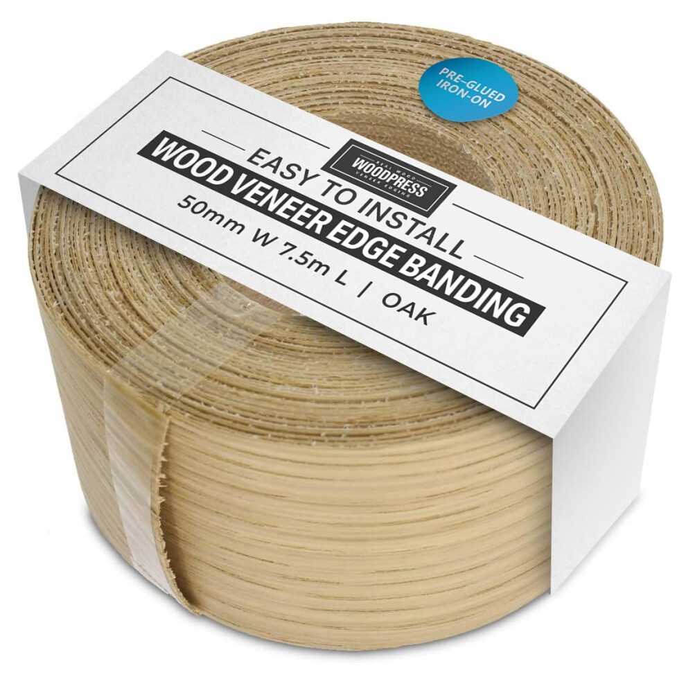 Woodpress Real Oak Veneer Edging Tape Â 50Mm X 7.5M | Pre-Glued Iron On Edge Banding W/Hot Melt Adhesive 5007375067886