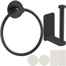 Tahbarshi Self Adhesive Toilet Paper Roll Holder and Hand Towel Ring Set for Bathroom - 304 Stainless Steel with Matte Black Finish - No Drilling Eas