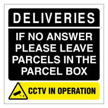 Deliveries if no answer please leave parcels in the parcel box CCTV in operation sticker - self adhesive vinyl sign - Size 120mm x 120mm (1)