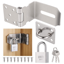 Door Hasp and Staple with Padlock, 90-Degree Door Lock with Keys and Screws, Stainless Steel Garden Gate Lock, Bedroom Door Lock Extra Security, Gate