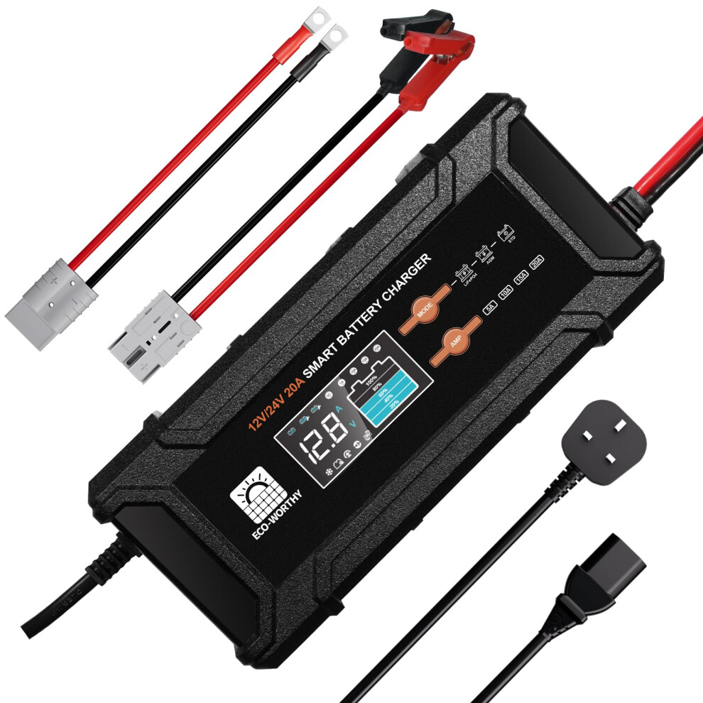 Eco-Worthy 12V/24V 20A Smart Lifepo4 Battery Charger With Uk Plug,Support Lithium,Agm,Sla Battery Charging With Activation And Trickle Maintenance Fo 69120992