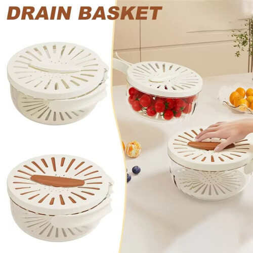 Fruit Drain Basket with Lid Vegetable Washing Bowl Foldable Handle Cleaning Colander Refrigerator Crisper Kitchen Boxes 1