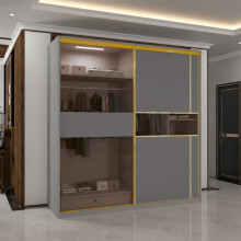 (Grey, 200cm) Modern Glass Door Wardrobe with LED
