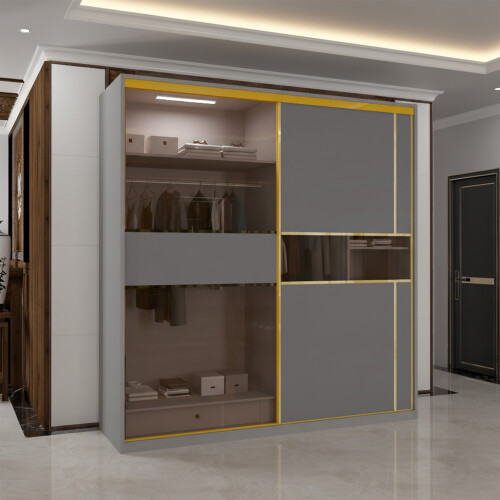 (Grey, 200cm) Modern Glass Door Wardrobe with LED