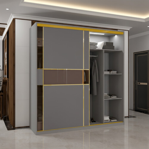 (Grey, 200cm) Modern Glass Door Wardrobe with LED 1