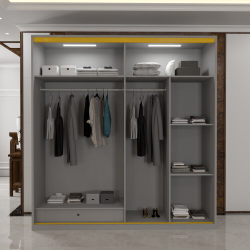 (Grey, 200cm) Modern Glass Door Wardrobe with LED 2
