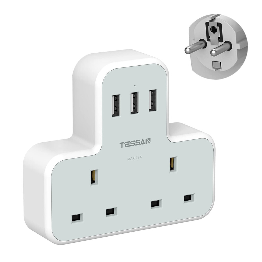 Uk To European Plug Adapter, Grounded Schuko European Plug Travel Adapter With 3 Usb, Uk To Eu Euro Europe For Spain France Iceland Germany Gr Tessan