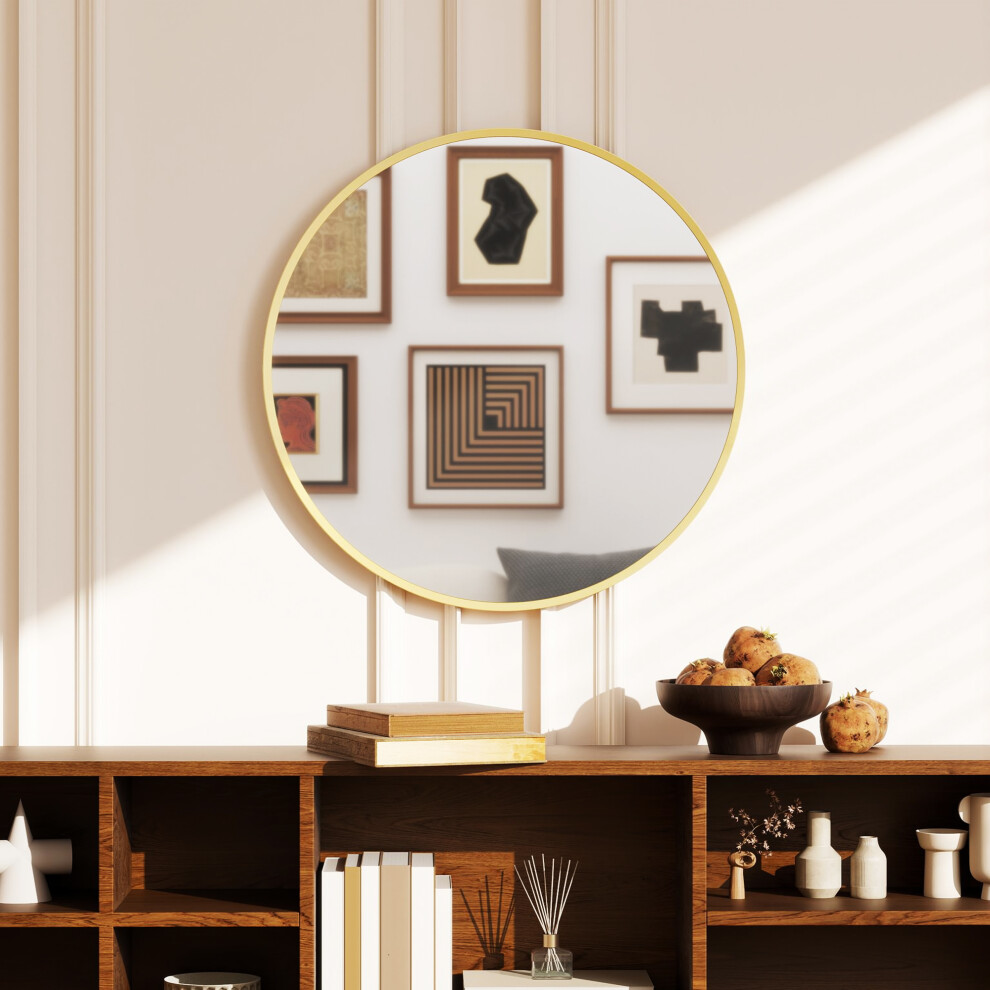 Homcom Wall Mirror For Living Room, 61 Cm Circle Bathroom Mirror, Tone Gold