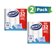 Nicky Soft Touch Toilet Tissue - 32 Rolls of Extra Gentle White Toilet Paper, 190 Sheets per Roll, 2-ply, Soft Tissue (Pack of 2)