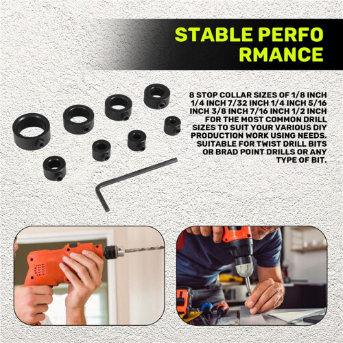 Drill Stop Bit Collar Set, 9PCS Adjustable Drill Depth Stop Collar Limit Ring with Carbon Steel Set for Drill Bits 2